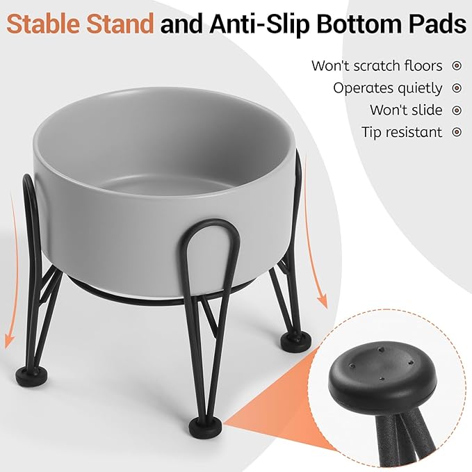 Elevated Dog Bowls, Ceramic Raised Dog Bowl Set with Anti-Slip and Non-Tip Metal Stand, 2 Pack Pet Food and Water Feeding Bowls for Small and Medium Dogs (Gray,7.6 Cups)