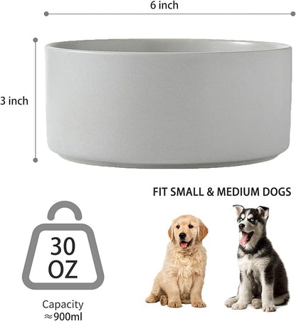 6'' Ceramic Dog Bowl - 30Oz Classic Dogs Food & Water Bowl for Small and Medium Breed Dogs, Heavy Duty Non-Slip Dog Dishes, Food Grade Stoneware Pet Bowl, Dishwasher & Microwave Safe, Grey