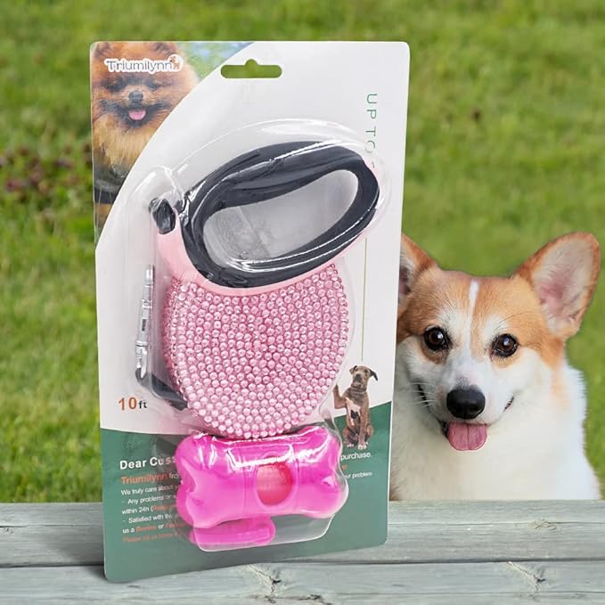 Pink Rhinestone Retractable Dog Leash Bling 10ft, Sparkle Sparkling Pet Cat Leash for Small Breed, Bling Crystal Small Dog Leash Cute, Girl Dog Lead Waste Bags Dispenser Included, 360° Tangle-Free