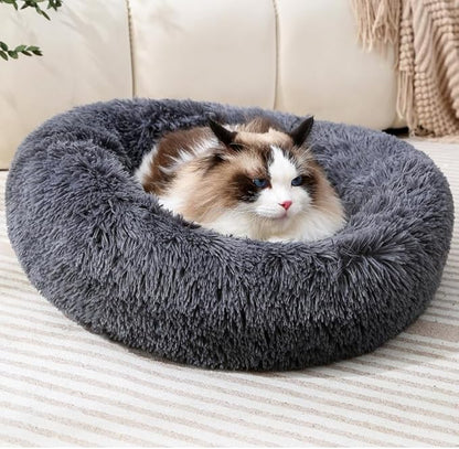 Round Dog Bed Fluffy Cat Bed Small Dog Bed Pet Bed Calming Donut Cat Bed Round Puppy Bed Calming Pet Bed Suit for 8Kg Dog and Cat