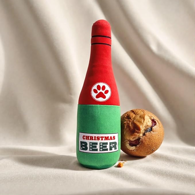 Dog Toy Squeaky Dog Toys for Boredom Christmas Beer Shape Interactive Dog Toys Birthday Gifts Plush Chew Toy for Small Medium Dogs