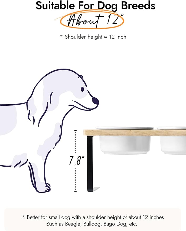 Elevated Dog Bowls, Raised Dog Bowl Stand with Two 6.5 inch Ceramic Bowl, Non-Slip Puppy Food and Water Bowls, Dogs Feeder for Small and Medium Breed, White