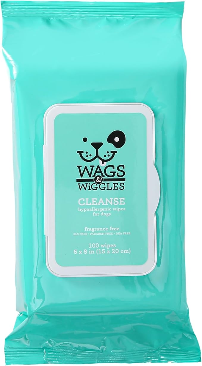 Wags & Wiggles Hypoallergenic Dog Wipes for Sensitive Skin, Fragrance Free Waterless Cleansing Towelettes for Paws Face Body & Rear, No SLS DEA Parabens, 100 Count