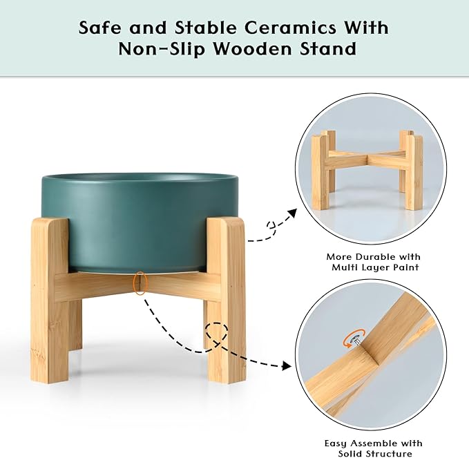 SPUNKYJUNKY Ceramic Elevated Dog Bowls 2 Pack - 5.1inch Raised Dog Bowls with Non-Slip Wooden Stand for Small Dogs Dishwasher Safe(Green,13.5OZ*2)