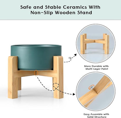 SPUNKYJUNKY Ceramic Elevated Dog Bowls 2 Pack - 5.1inch Raised Dog Bowls with Non-Slip Wooden Stand for Small Dogs Dishwasher Safe(Green,13.5OZ*2)