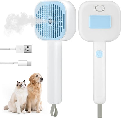 4 in 1 Cat Steam Brush - Self Cleaning Pet Steam Brush for Cat & Dog - Cat Brushes for Shedding with Quiet Motor - Elimination Flying Hair - Keep Your Clothes & Home Clean, White-Blue