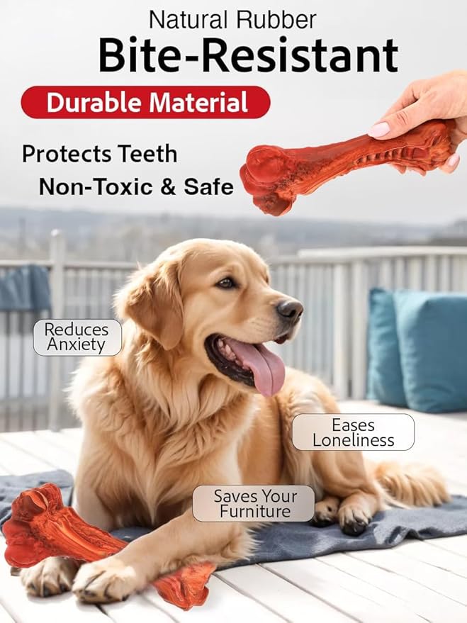 Dog Chew Toy - Natural Rubber Dog Toy, Beef Flavor – Dog Toys for Medium & Large Dogs - Bone-Shaped Chew for Dental Health - Indoor and Outdoor Play