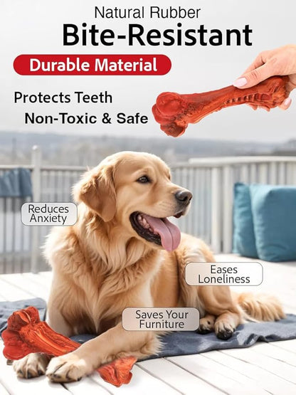 Dog Chew Toy - Natural Rubber Dog Toy, Beef Flavor – Dog Toys for Medium & Large Dogs - Bone-Shaped Chew for Dental Health - Indoor and Outdoor Play