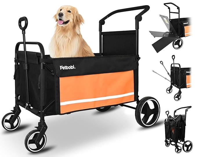 Petbobi 2-in-1 Dog Wagon Stroller for Large & Medium Dogs – Foldable Push & Pull Stroller with Ramp, 360° Swivel Wheels, Adjustable Handles & Safety Leashes for Walking Camping Parks