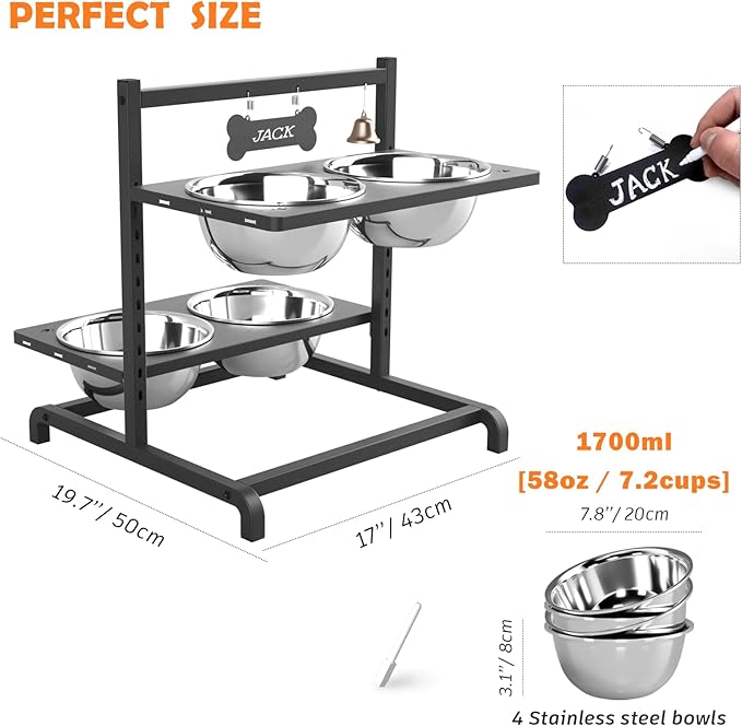 Elevated Dog Bowl Stand with 4 Stainless Steel Bowls (1700ml/58oz) – 9 Height Adjustable Raised Pet Feeder from 4.9" to 14.5" for Large Dogs & Multi-Pet Homes, with Bone Name Tag