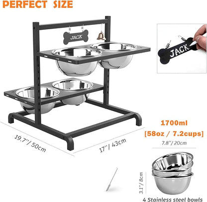 Elevated Dog Bowl Stand with 4 Stainless Steel Bowls (1700ml/58oz) – 9 Height Adjustable Raised Pet Feeder from 4.9" to 14.5" for Large Dogs & Multi-Pet Homes, with Bone Name Tag