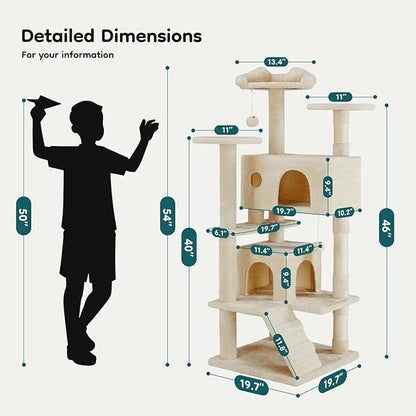 DUMOS 54-inch Indoor Cat Tree Tower –Multi-Level Pet House for Large Cats with 2 Condos, Scratching Posts, Round Platform, Small Ladder, and Toys, Beige