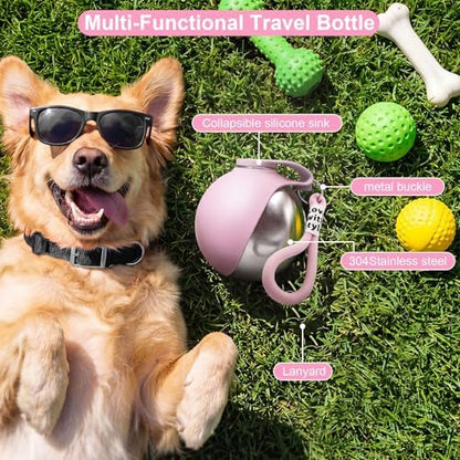 Portable Dog Water Bottle with Bowl, 10oz Leak-Proof Stainless Steel Dog Travel Water Bottle, BPA-Free Pet Water Dispenser for Small & Medium Dogs, Walking, Hiking & Outdoor Travel (Pink) - Image 2
