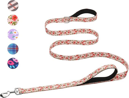 Hikiko Double Handle Dog Leash 6 Foot Cute Girl Padded Traffic Handles for Walking Training (Cream Natural Floral, 6ft)