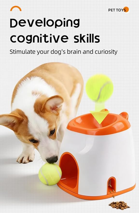 2-in-1 Dog Tennis Ball Launcher & Treat Dispenser, Interactive Spring-Loaded Fetch Toy with Snack Storage, Mental Stimulation & Exercise Toy for Small to Medium Dogs (Durable Tennis Ball Included) ﻿