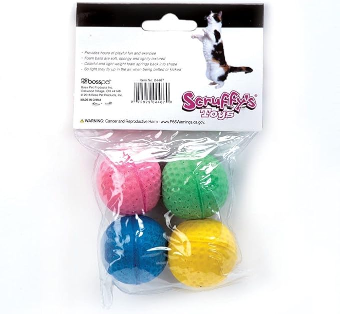 Boss Pet 04467 Scruff's Colorful Kitty Springy Foam Sponge Balls (4 Pack), Multicolor