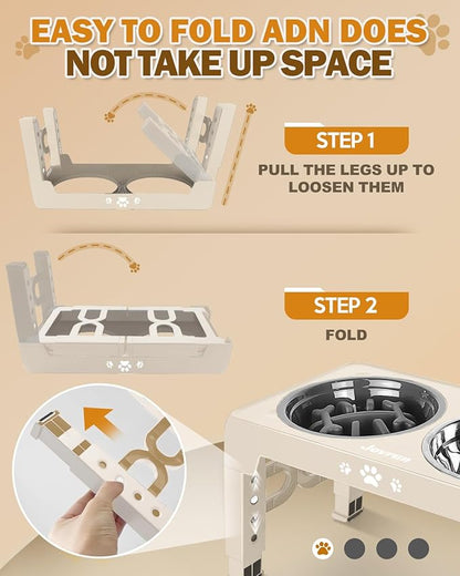 Elevated Dog Bowls for Medium Large Size Dogs, Non-Slip Dog Feeder with 1*Stainless Steel Dishes & 1*Slow Feeder Bowl, 5 Heights Adjustable Raised Bowls to 3.15″-8.66″-9.84″-11.02″-12.2″