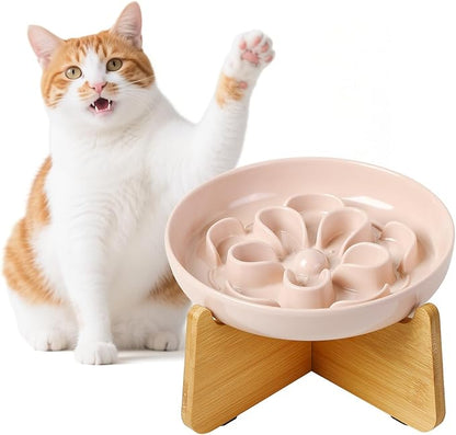 Elevated Slow Feeder Cat Bowl - Melamine Cat Dish with Anti-Slip Bamboo Stand - Whisker Friendly Feeding Bowl - Floral Maze Food Plate for Slow Eating - Pink