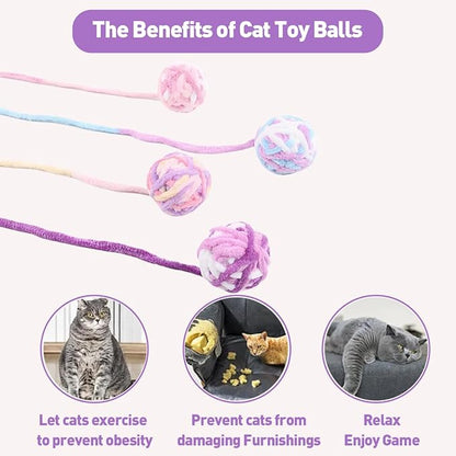 3Pcs Woolen Cat Ball with Bell Inside, Interactive Kitten Catnip Toys for Indoor Cats, Chew Jingle Ball with String Spring Toy (color-40)