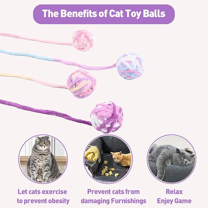 3Pcs Woolen Cat Ball with Bell Inside, Interactive Kitten Catnip Toys for Indoor Cats, Chew Jingle Ball with String Spring Toy (Color-7)