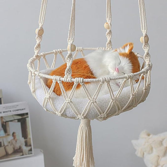 Macrame Cat Hammock Bed, Hanging Indoor Cat Bed, Ceiling Catio Swing for Playing Sleeping Climbing and Lounging