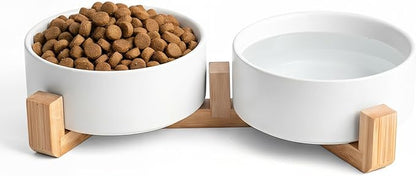 Kimdio Ceramic Dog Bowls with Wood Stand, 13.5OZ Pet Bowls Set of 2 for Medium Small Dogs and Cats - Non-Slip Base Cute Pet Food & Water Basic Bowls Glaze Matte-White