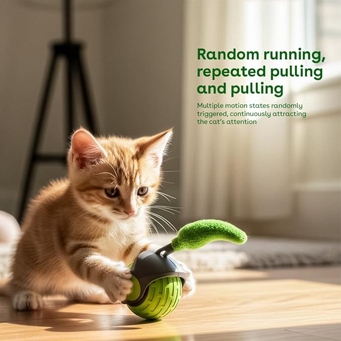 Interactive Cat Toys for Indoor Cats,The 3rd Generation Agile Moving Cat Ball with Elastic Mesh Tail,Automatic Kitten Toys for Bored Indoor Adult Cats,Motion Activated (Green)