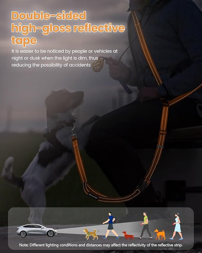 Hands Free Dog Leash, 2-in-1 Detachable Pet Seatbelt,5.9-9.2 ft Crossbody Dog Leash with Double-Sided Reflective for Walking, Hiking, Travel etc.(Orange)