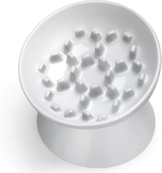 Ceramic Slow Feeder Cat Bowl, Tilted Elevated Cat Slow Feeder Bowl for Dry and Wet Food, Honeycomb Design for Preventing Vomiting & Bloating (White-Honeycomb Style, 5.9 inch)