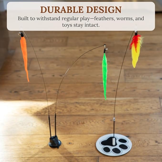 Interactive Cat Toys for Indoor Cats - 6 Feathers 3 Worms Double Sided Suction Cup - Round Base Teaser Wand - Self Play Bird Hunting - Bored Adult Feline Solo Activity - Kitten Juguetes para Gatos