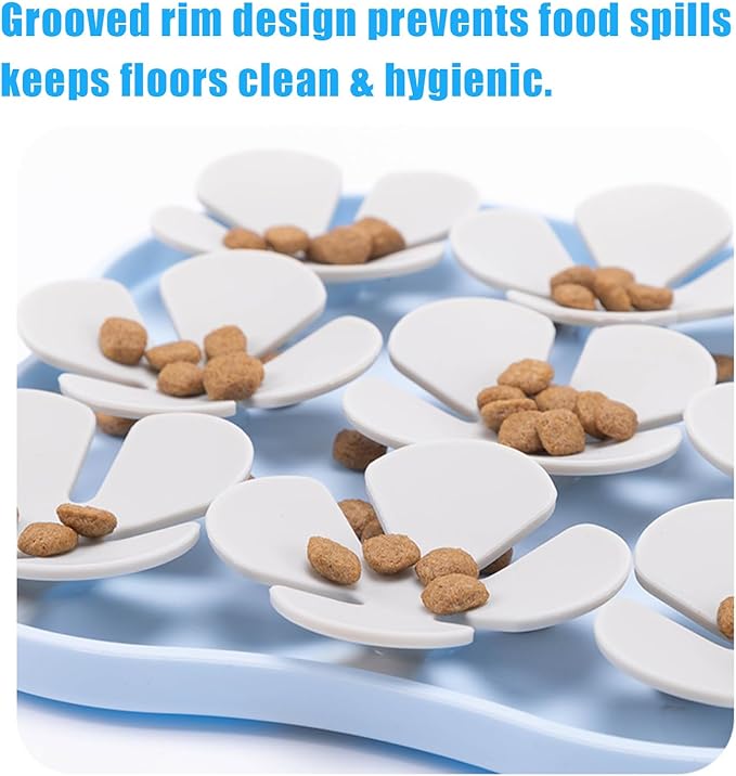 Slow Feeder Bowl for Dogs and Cats - Non-Slip Licking Mat with Suction Cups, Treat Puzzle & Anti-Choke Feeding Pad, Flower Petal Silicone (Blue and Grey)