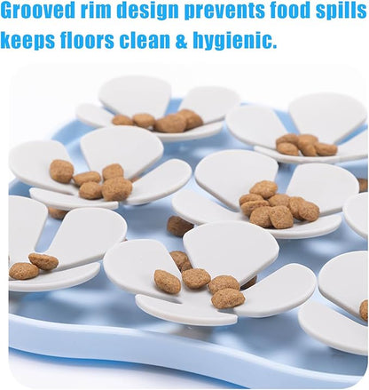 Slow Feeder Bowl for Dogs and Cats - Non-Slip Licking Mat with Suction Cups, Treat Puzzle & Anti-Choke Feeding Pad, Flower Petal Silicone (Blue and Grey)
