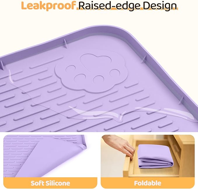 Dog Food Mat, Extra Large 34" x 22" Silicone Pet Feeding Mat with Raised Edge Pet Placemat for Small, Medium, and Large Pets Non-Slip, Easy to Clean (Purple)