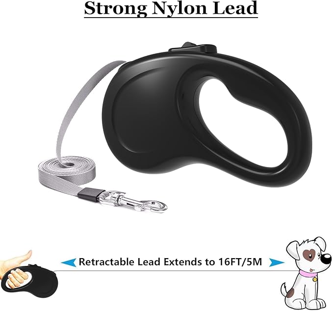 Retractable Dog Leash, 16Ft/5M Light Weight Retractable Leash for Small Medium Dogs/Cats Up to 50lbs, Strong Nylon Tape 360° Tangle-Free One-Hand Brake (Black)