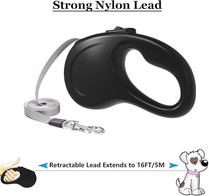 Retractable Dog Leash, 16Ft/5M Light Weight Retractable Leash for Small Medium Dogs/Cats Up to 50lbs, Strong Nylon Tape 360° Tangle-Free One-Hand Brake (Black)