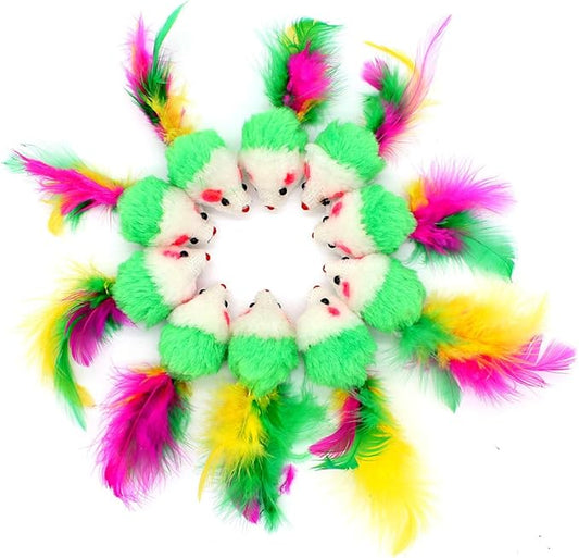 10 PCS 3 Inch Furry Pet Toys Mice Cat Toy Mouse Cat Catcher Toys with Feather Tails(Random Color)