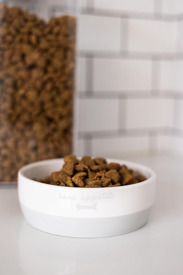 Pearhead Ceramic Bone Appétit Dog Bowl, Stoneware Food and Water Dish, Grey and White Pet Feeder, Small/Medium 2.25 Cups/ 18 oz