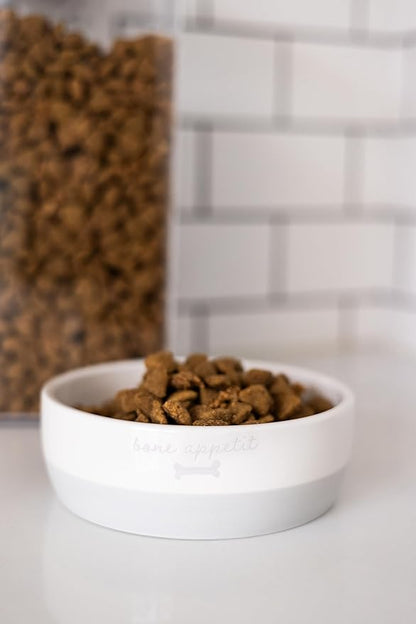 Pearhead Ceramic Bone Appétit Dog Bowl, Stoneware Food and Water Dish, Grey and White Pet Feeder, Small/Medium 2.25 Cups/ 18 oz