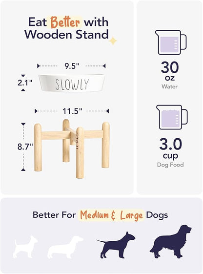 Slow Feeder Dog Bowls - 3-Cup Raised Ceramic & Wood Stand for Medium-Large Breed, White