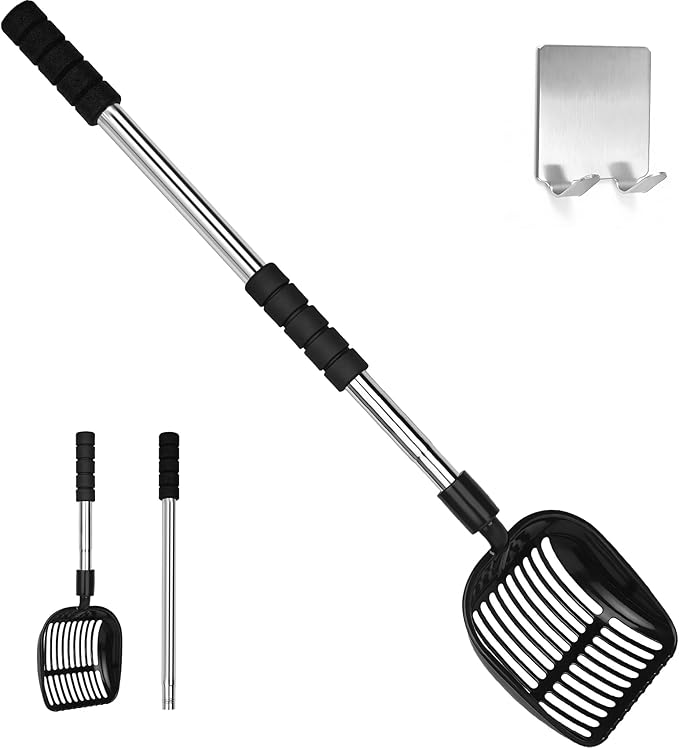 Cat Litter Scoop, Metal Litter Scooper with Detachable Long Handle, Cat Litter Sifter with Deep Shovel, Wide Slits for Easy Cleaning, Large Cat Poop Scooper Includes Hook