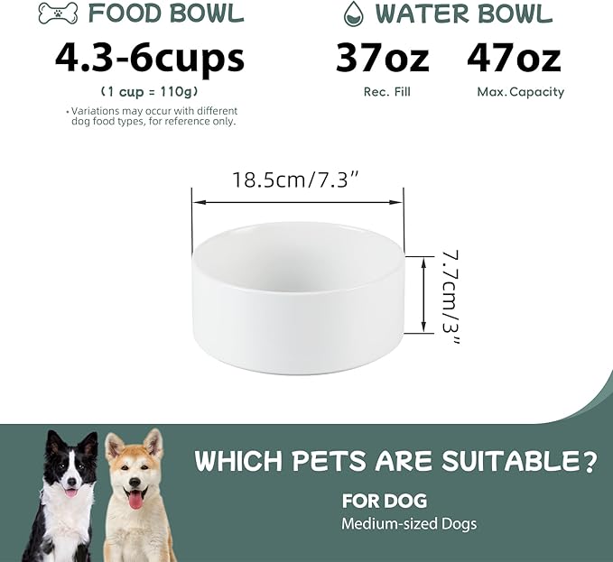 Ceramic Dog Bowl, Food and Water Bowl for Medium Breed Dog, Pet Bowl for Replacement (7.3 inch, Single Bowl, White)
