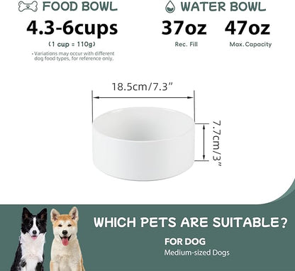 Ceramic Dog Bowl, Food and Water Bowl for Medium Breed Dog, Pet Bowl for Replacement (7.3 inch, Single Bowl, White)