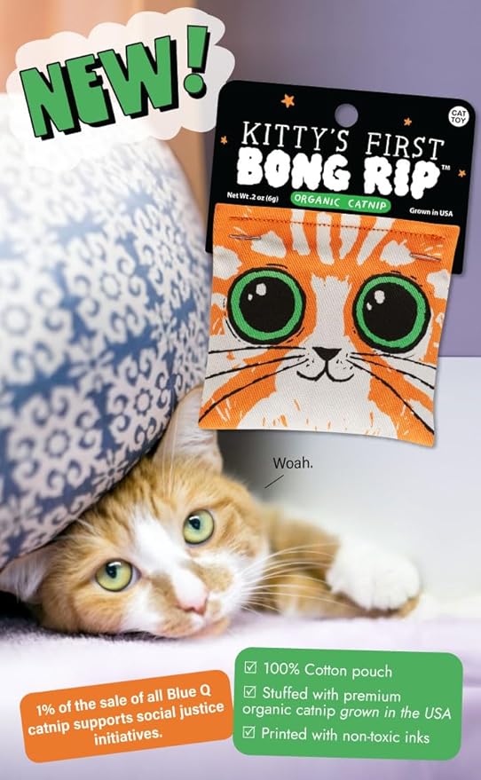 Blue Q Kitty's First Bong Rip Catnip Toys - Durable Cat Toys for Biting, Premium USA-Grown Organic Catnip, Pet Supplies, 100% Silk-Screened Cotton Pouch w/Funny Kitty Graphics, Cat Birthday Gift