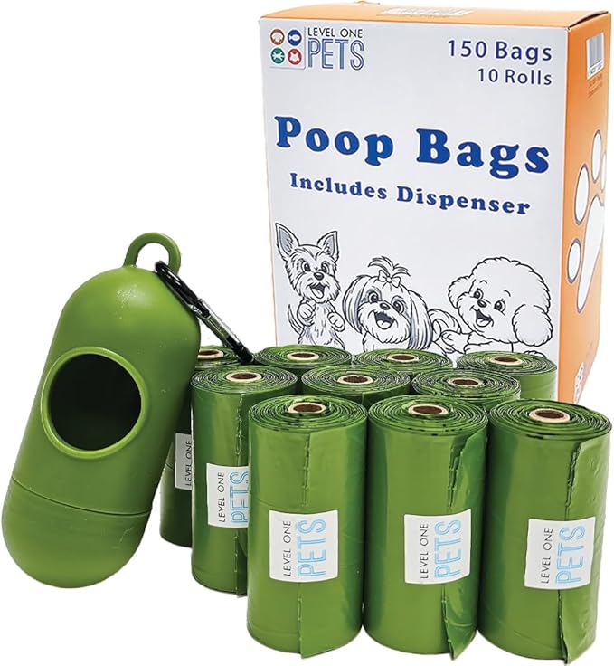 Level One Pets Pet Poop Leak Proof Waste Bags with Dispenser and Leash Clip, Lavender Scented, 9" x 13" Large Size, Bags (150)