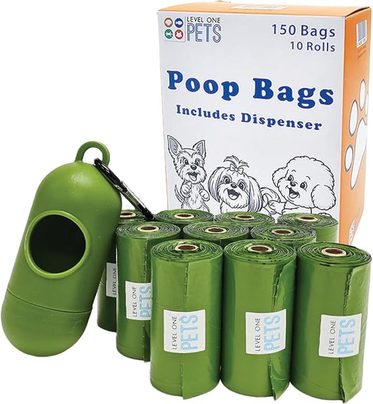 Level One Pets Pet Poop Leak Proof Waste Bags with Dispenser and Leash Clip, Lavender Scented, 9" x 13" Large Size, Bags (150)