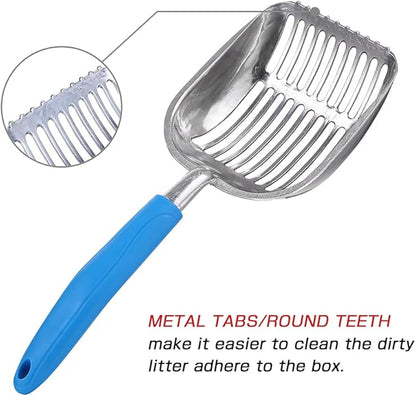 The Latest Update Metal Cat Litter Scoop POLISHING Blue Handle,Aluminum Alloy with TABS/Round Teeth Pet Kitty Litter Scooper