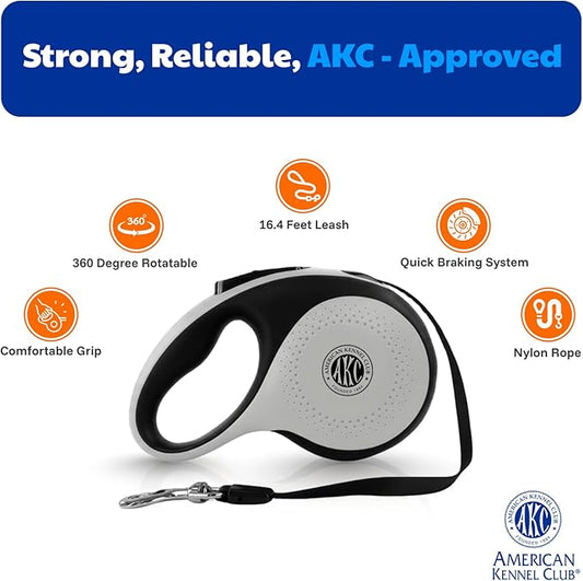 American Kennel Club Heavy Duty Retractable Dog Leash, 16.4ft, Tangle-Free, Ergonomic Grip, One-Hand Brake, for Medium & Large Dogs up to 110 lbs Gray