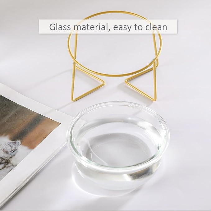 Small Glass Tilted Elevated Cat Dog Bowl Raised Cat Food Water Bowl Dish Pet Comfort Feeding Bowls with Gold Iron Stand