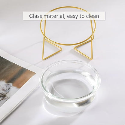 Small Glass Tilted Elevated Cat Dog Bowl Raised Cat Food Water Bowl Dish Pet Comfort Feeding Bowls with Gold Iron Stand
