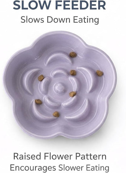 Ceramic Elevated Slow Feeder Cat Bowl, Raised and Gently Tilted Feeding Dish with Maze Design, Whisker-Friendly, Easy to Clean, for Indoor Cats and Small Dogs (Yellow/Purple)